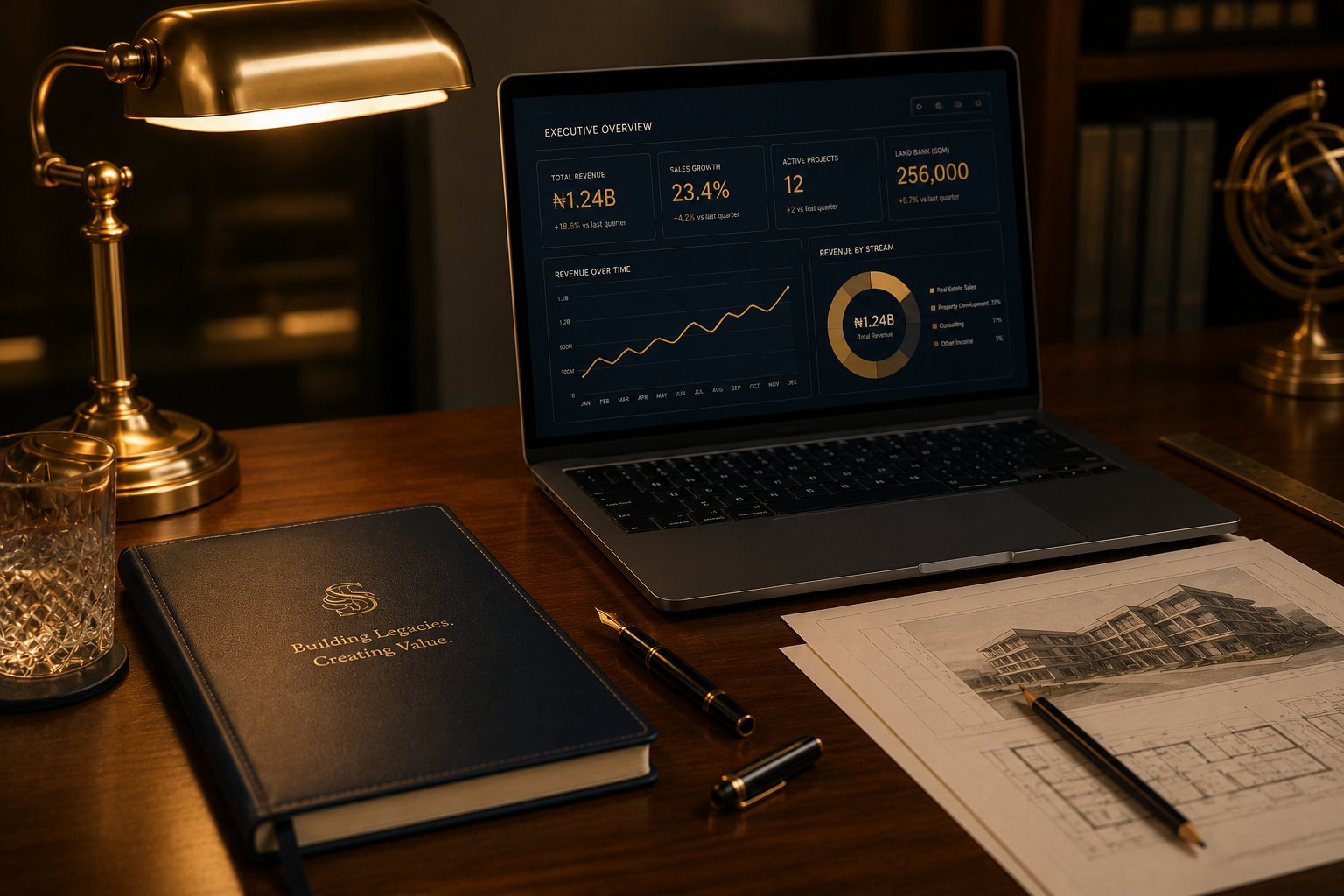 Executive dashboard on a laptop with Building Legacies leather notebook