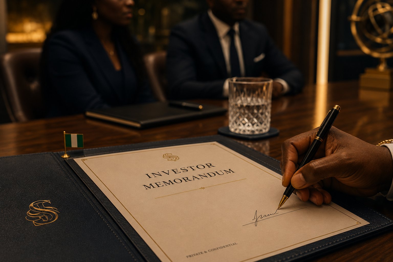 Signing an investor memorandum in the boardroom